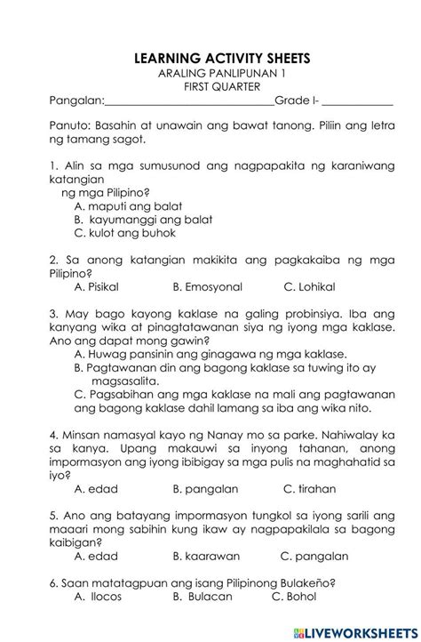 Grade 4 Matatag Worksheet Araling Panlipunan Quarter 1 Download – NBKomputer