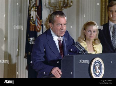 PRESIDENT RICHARD NIXON making farewell resignation speech to White House staff 8 August 1974 ...