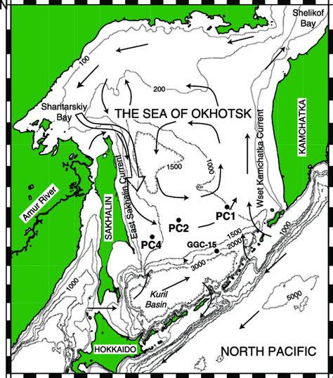 Bathymetric map of the Sea of Okhotsk with the location of XP98-PC1,... | Download Scientific ...