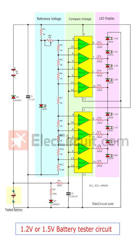 1.5V battery tester circuit using LM324 - ElecCircuit.com