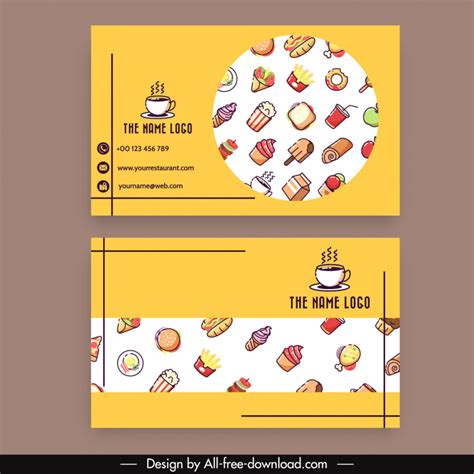Food business card templates flat repeating elements Vectors graphic art designs in editable .ai ...
