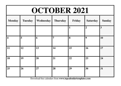 Free October 2021 Calendar Printable - Blank Templates