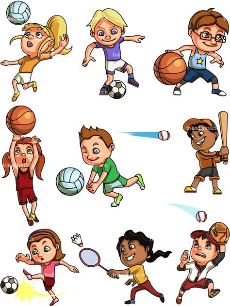 Kids Playing Sports Cartoon Clipart Vector - FriendlyStock