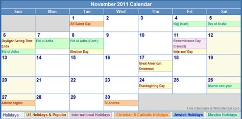 November 2011 Calendar with Holidays - as Picture