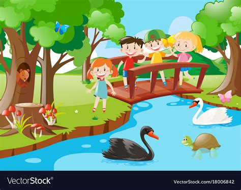 Kids on the bridge and animals in park Royalty Free Vector