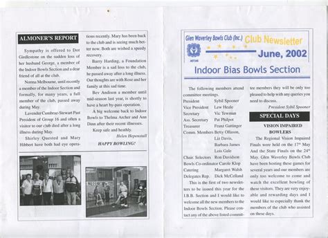 Pamphlet - Text, Glen Waverley Bowls Club (Inc.) Club Newsletter June 2002 Indoor Bias Bowls Section