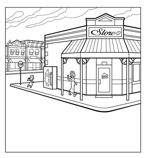 Corner Store Drawing Sketch Coloring Page