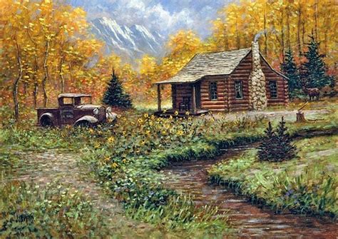 Autumn | Cabin art, Mountain paintings, Landscape paintings