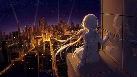 Wallpaper : city lights, sitting, reflection, night, stars, anime girls 1920x1080 - masonWASD ...