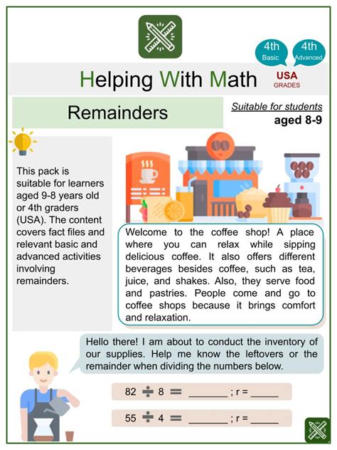 Remainders Coffee Shop Themed Math Worksheets | Age 8-9