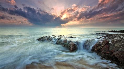 3840x2160 Beach Sea Dawn Dusk Landscape Ocean Rocks Sunlight 4K ,HD 4k Wallpapers,Images ...