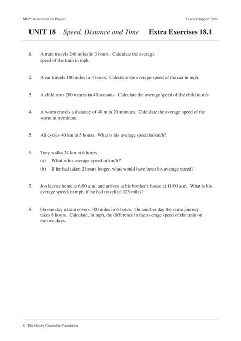 Speed, Distance and Time Worksheet for 8th - 10th Grade | Lesson Planet