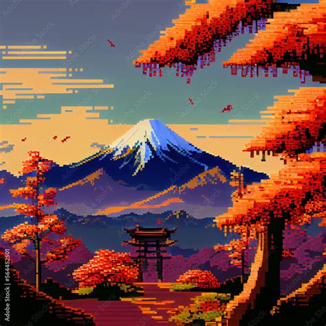 Pixel Art Illustration of a Japanese Landscape Generative Stock Illustration | Adobe Stock