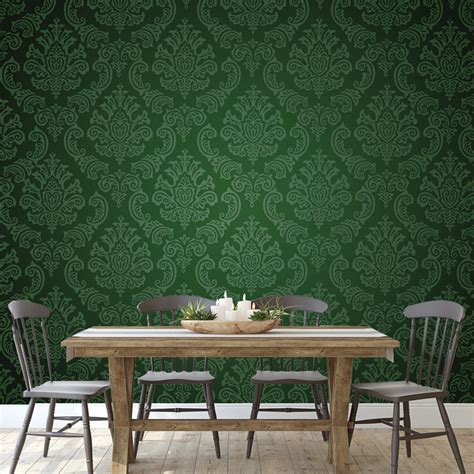 Damask Background Dark Green Wallpaper Dining Room Mural - Etsy