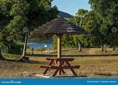 Thatched Umbrella Picnic Table at Beach Resort Stock Image - Image of ...