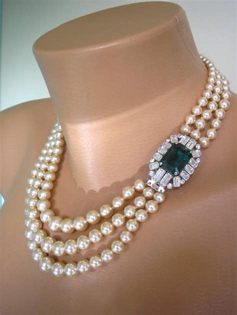 Emerald And Pearl Necklace, Vintage Pearl Choker, Pearl Bridal Necklace, Green Rhinestone ...