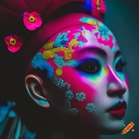 Hyper-realistic artwork of a psychedelic geisha