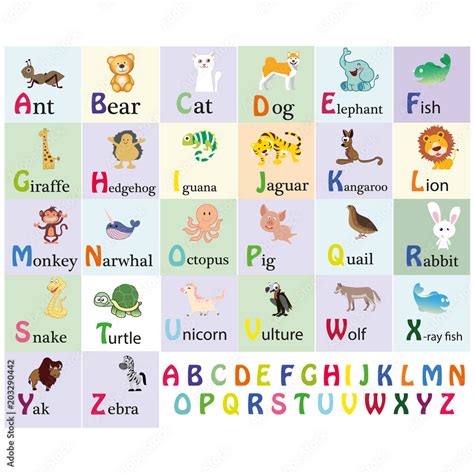 Zoo alphabet. Animal alphabet. Letters from A to Z. Cartoon cute animals isolated on white ...