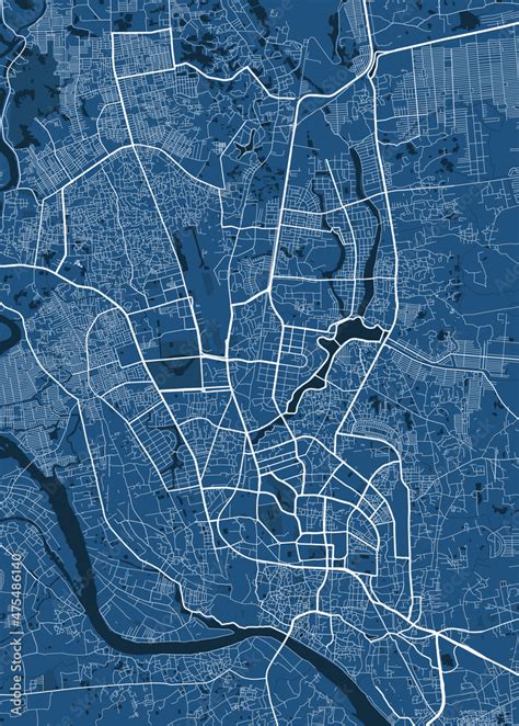 Detailed vector map poster of Dhaka city, linear print map. Blue ...