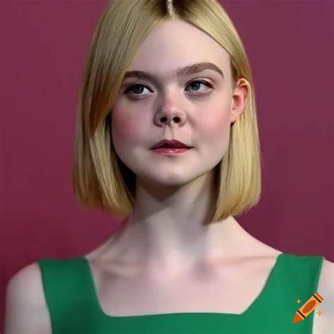 Elle fanning with straight bob haircut and green t-shirt on Craiyon
