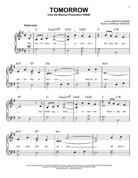 Charles Strouse 'Tomorrow' Sheet Music and Printable PDF Music Notes | Sheet music, Music notes ...