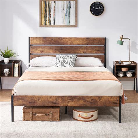 VECELO Platform Full Bed Frame with Rustic Vintage Wood Headboard ...