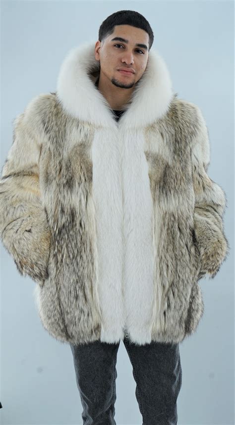 Men’s Coyote Fur Jacket White Fox Trim Hood 7778 | MARC KAUFMAN FURS