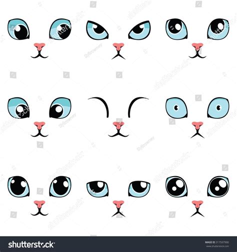 eyes drawing Set of funny cartoon blue cat eyes isolated on white ...