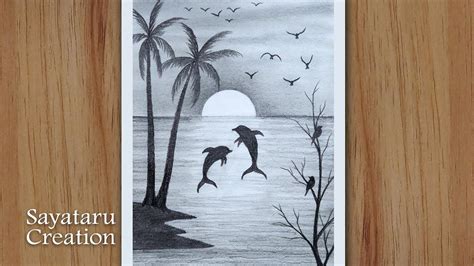 How to draw Scenery of Dolphin in Beach - Sunset Scenery Drawing with ...