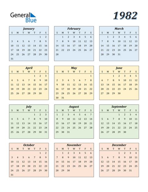 1982 Calendar (PDF, Word, Excel)