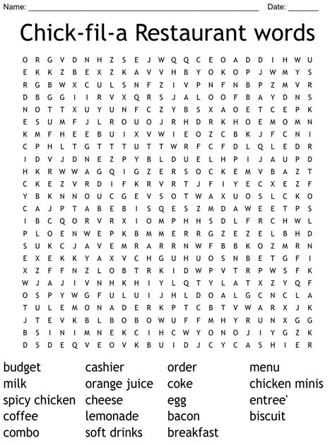 Chick-fil-a Restaurant words Word Search - WordMint