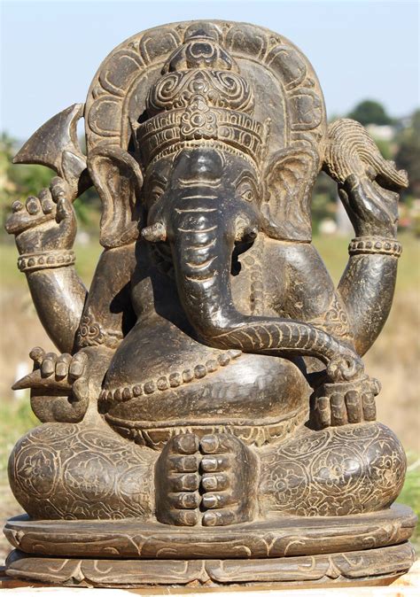 Stone Seated Ganesha Statue 26" (#102ls388): Lotus Sculpture