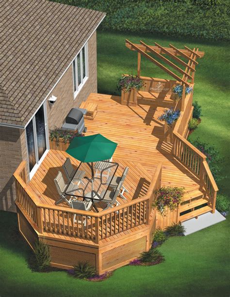 This is a spacious two-level wooden deck. The first level, located near the patio door, is large ...