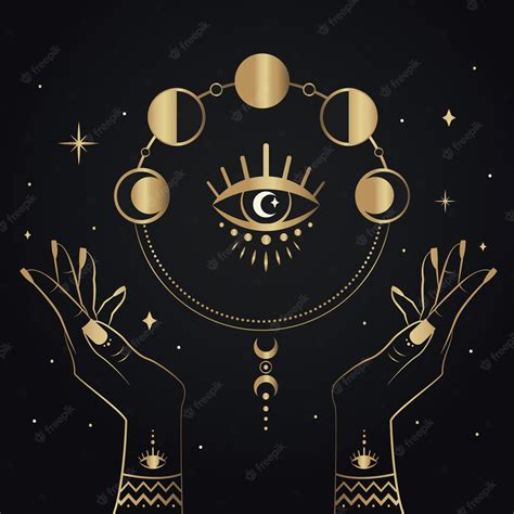 Premium Vector | Golden magic hand drawn with moon phasesesoteric symbols and stars