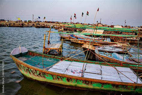 Boats for pilgrims at Triveni Sangam (confluence of GRivers Ganaga ...