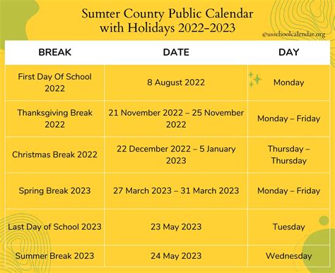 Sumter County Public Calendar with Holidays 2022-2023