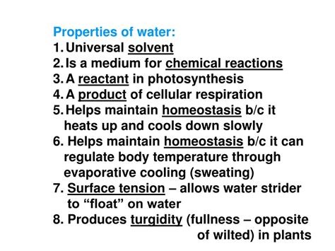 PPT - Properties of water: Universal solvent Is a medium for chemical reactions PowerPoint ...