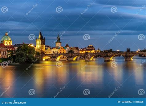 View of the Vltava River and the Bridges Shined with the Sunset Stock Image - Image of prague ...