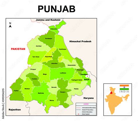 Punjab map. Political and administrative map of Punjab with districts ...