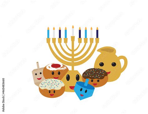 Cute Hanukkah symbols with smiling face, Hanukkah cartoon characters on ...