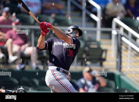 Minnesota Twins' Matt Wallner (38) bats during a spring training baseball game in North Port ...