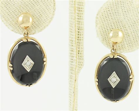 Black Onyx Diamond 10K Earrings - Vintage Dangle 10K Yellow Gold Black Onyx .08 CT Diamond Drop ...