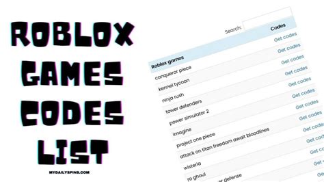 Roblox Games codes list (Easy to Search) - Mydailyspins.com