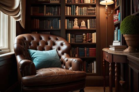 Premium AI Image | Brown leather chair surrounded by bookshelves in ...