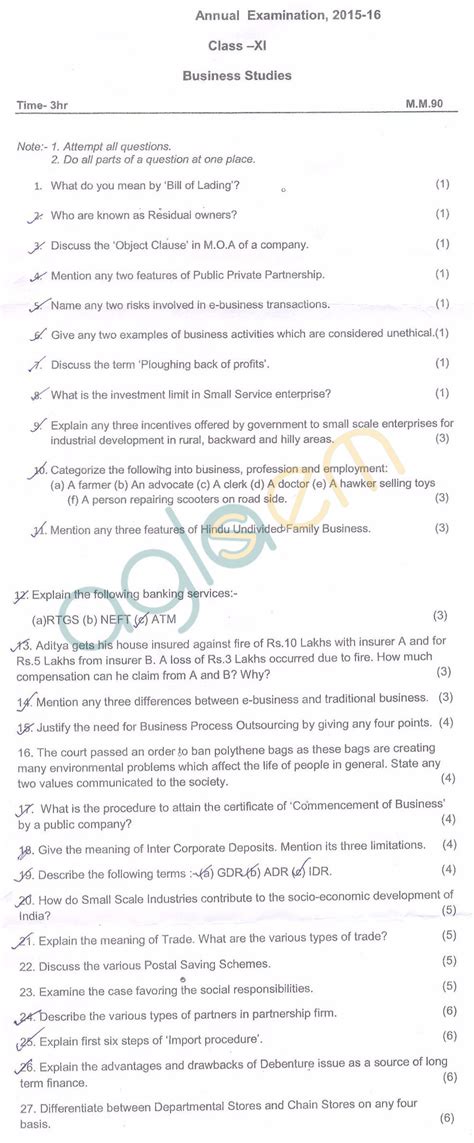 CBSE Class 11 Annual Exam Question Papers – Business Studies