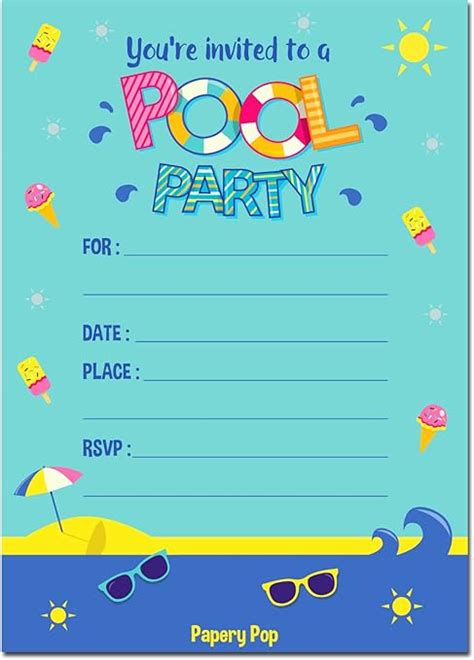 30 invitaciones de fiesta en la piscina con sobres (paquete de 30 ...