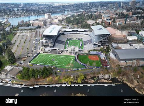 A general overall aerial view of Husky Stadium, Husky Softball Stadium, Dempsey Indoor and Hec ...