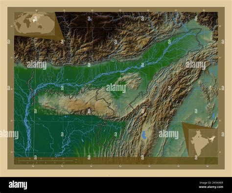 Assam, state of India. Colored elevation map with lakes and rivers ...