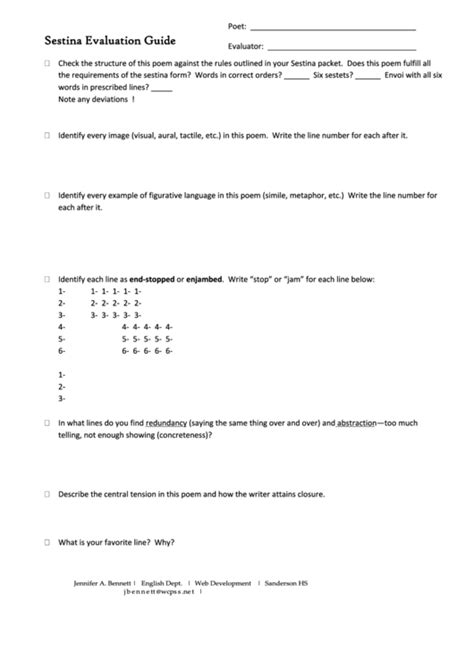 Sestina Poem Evaluation Guide Template printable pdf download