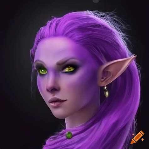 Image of a beautiful purple-haired elf with green eyes on Craiyon